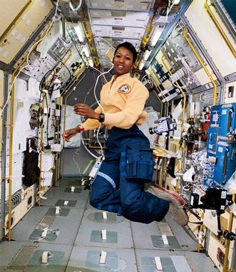 Mae Jemison floating in the International Space Station
