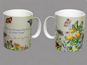 mugs with flowers graphic and Lady Bird Johnson quote